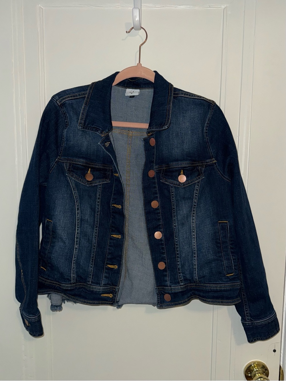Cabi Dark Blue Denim Jacket Distressed Hem Medium